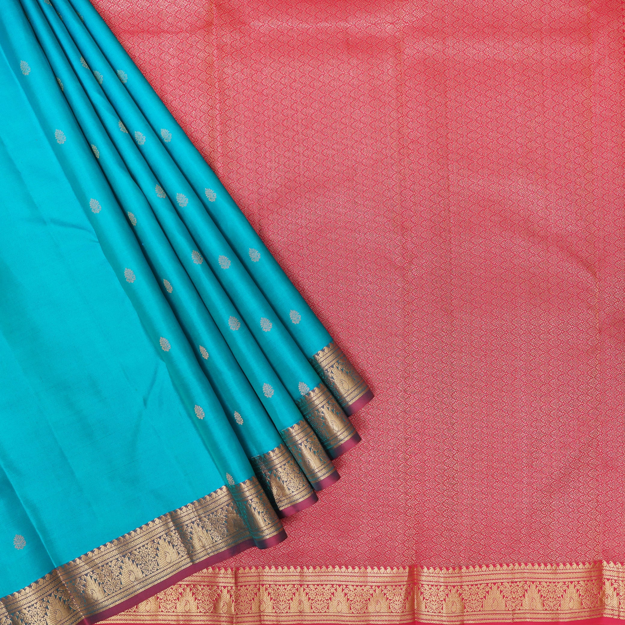 Turquoise Blue with Pink Soft Silk Saree