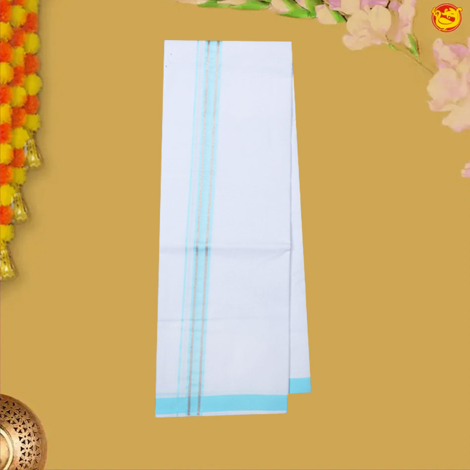 Sky Blue With White Dhoti Readymade Shirt And Matching Border Dhoti Set for Men