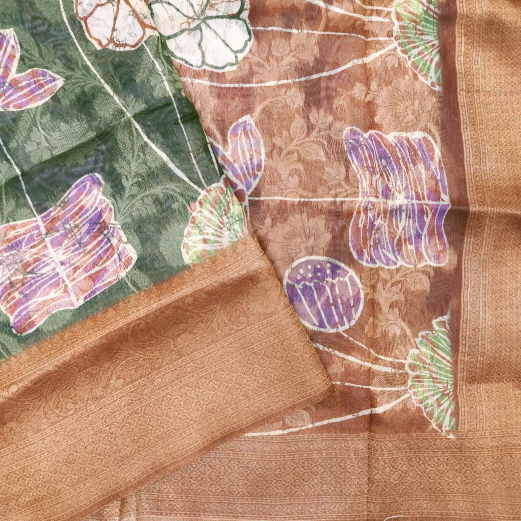 Green with Light Brown Semi Burberry Silk Saree