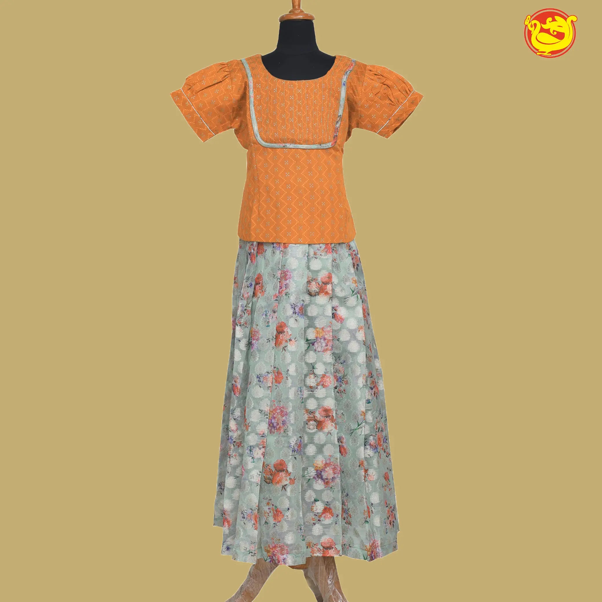 Orange with Grey Girls Readymade Pattu Pavadai Set