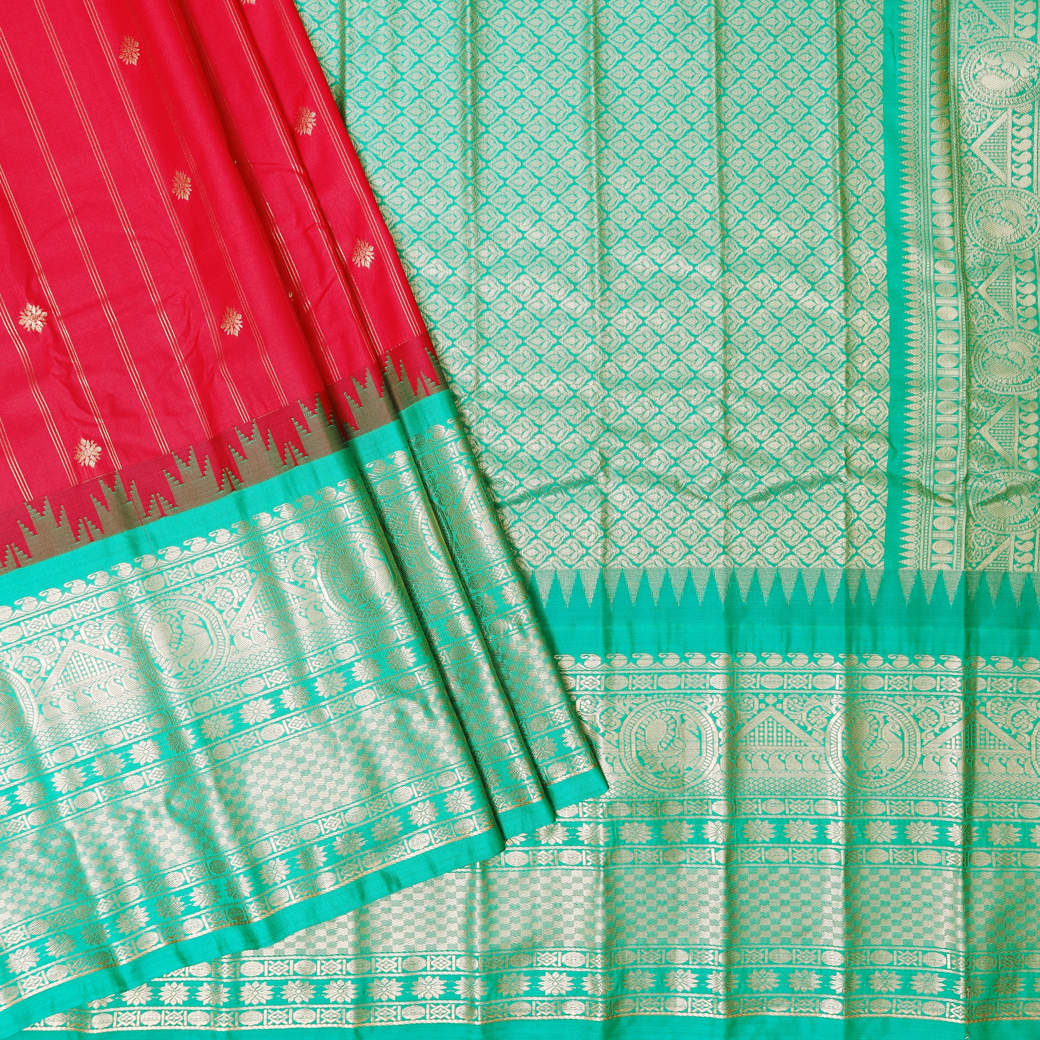 Red with Green Gadwal silk saree