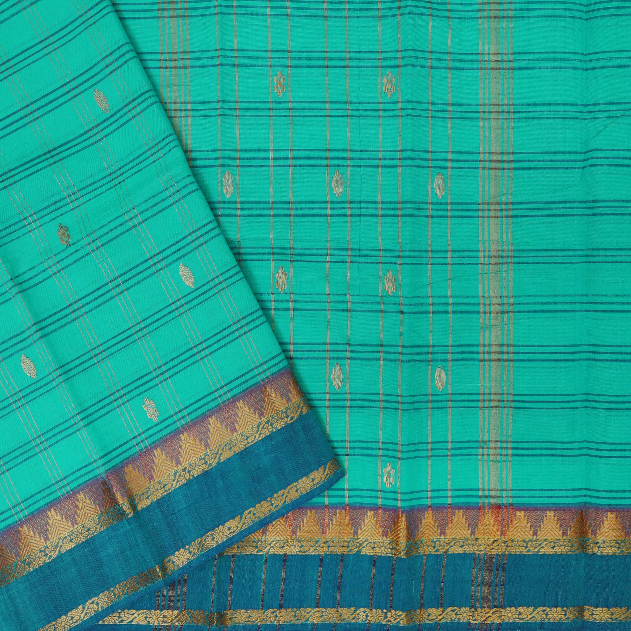 Teal Green Small Checked Pattern Pure Cotton Saree without Blous