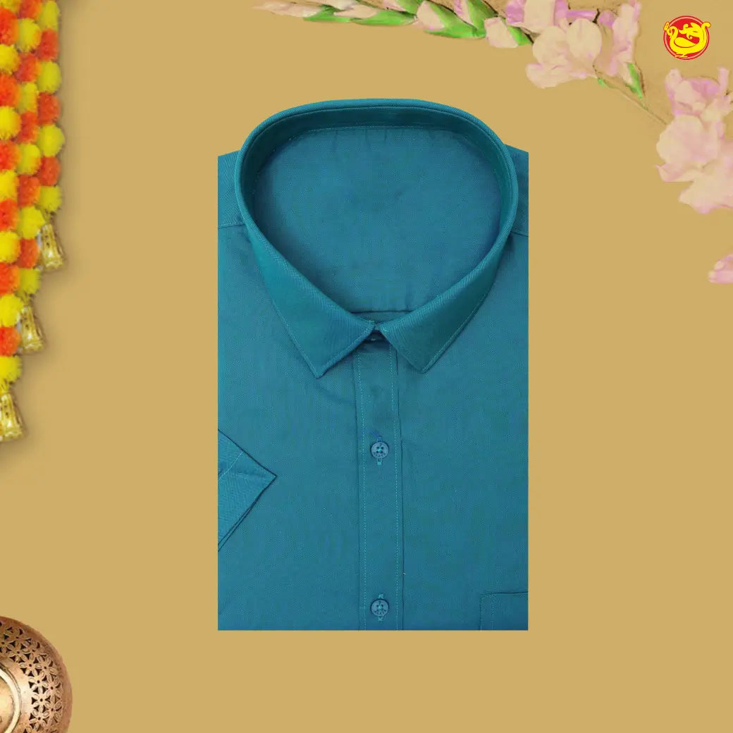 Vivid Bluish Green With White Readymade Shirt And Matching Border Dhoti Set for Men