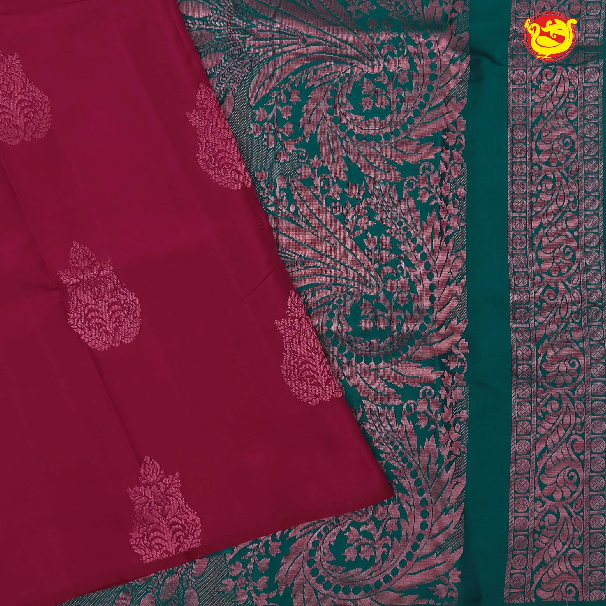 Kumkum pink with peacock green pallu soft silk saree