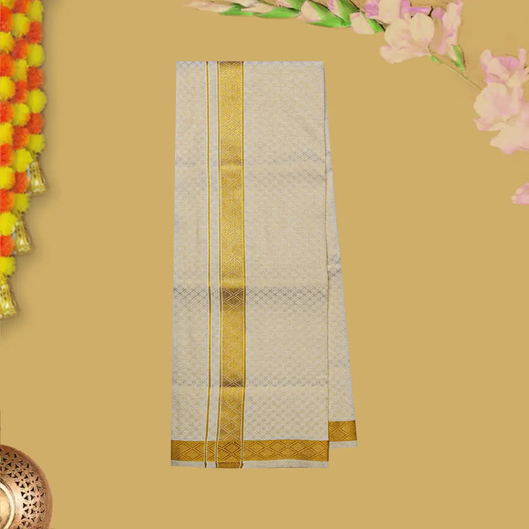 Off Gold Traditional Ethnic wear Cotton Readymade Shirt and Singel Border Dhoti Set For Men