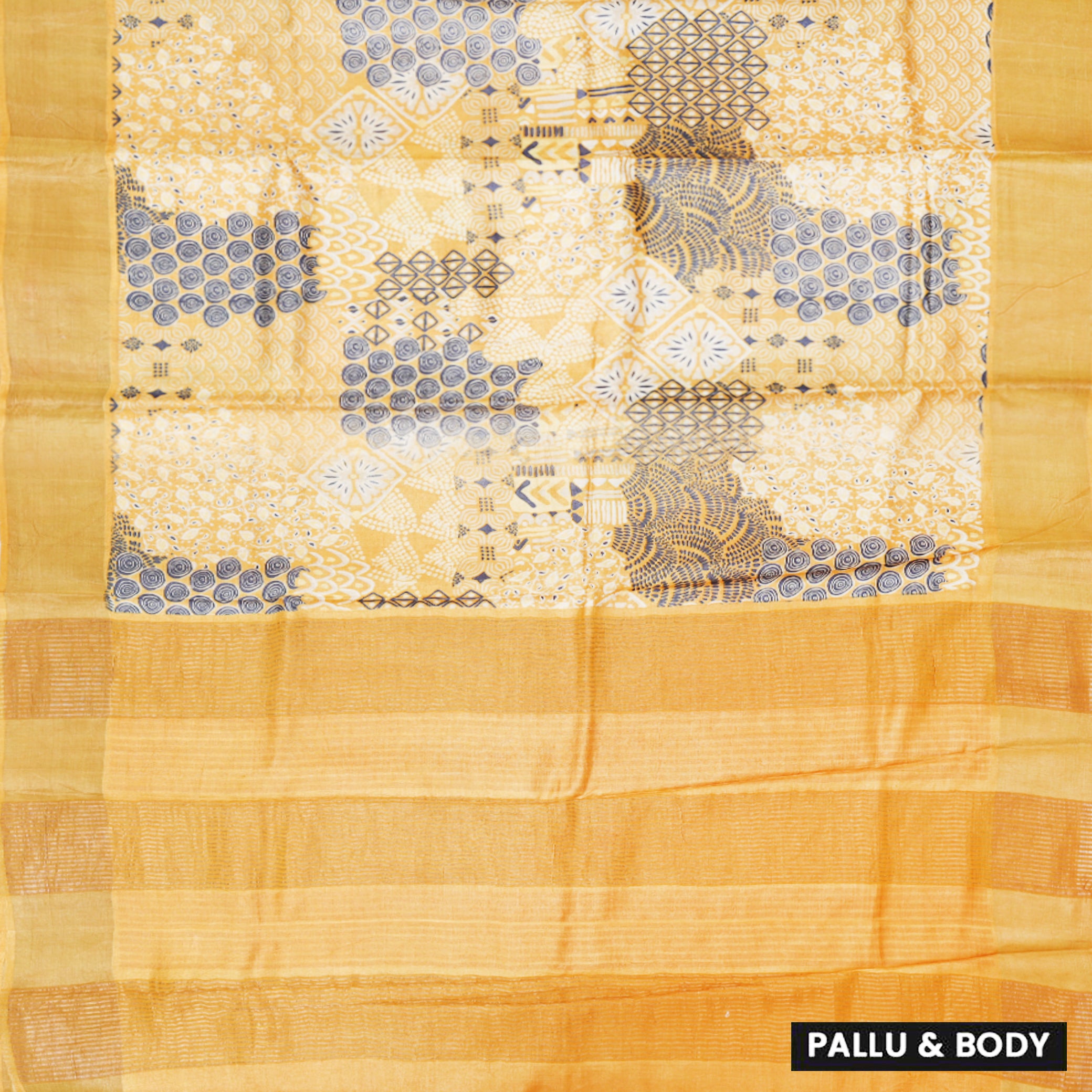 Pure Tussar Silk Saree Yellow With Floral Design and Painted Prints and Zari Woven Border