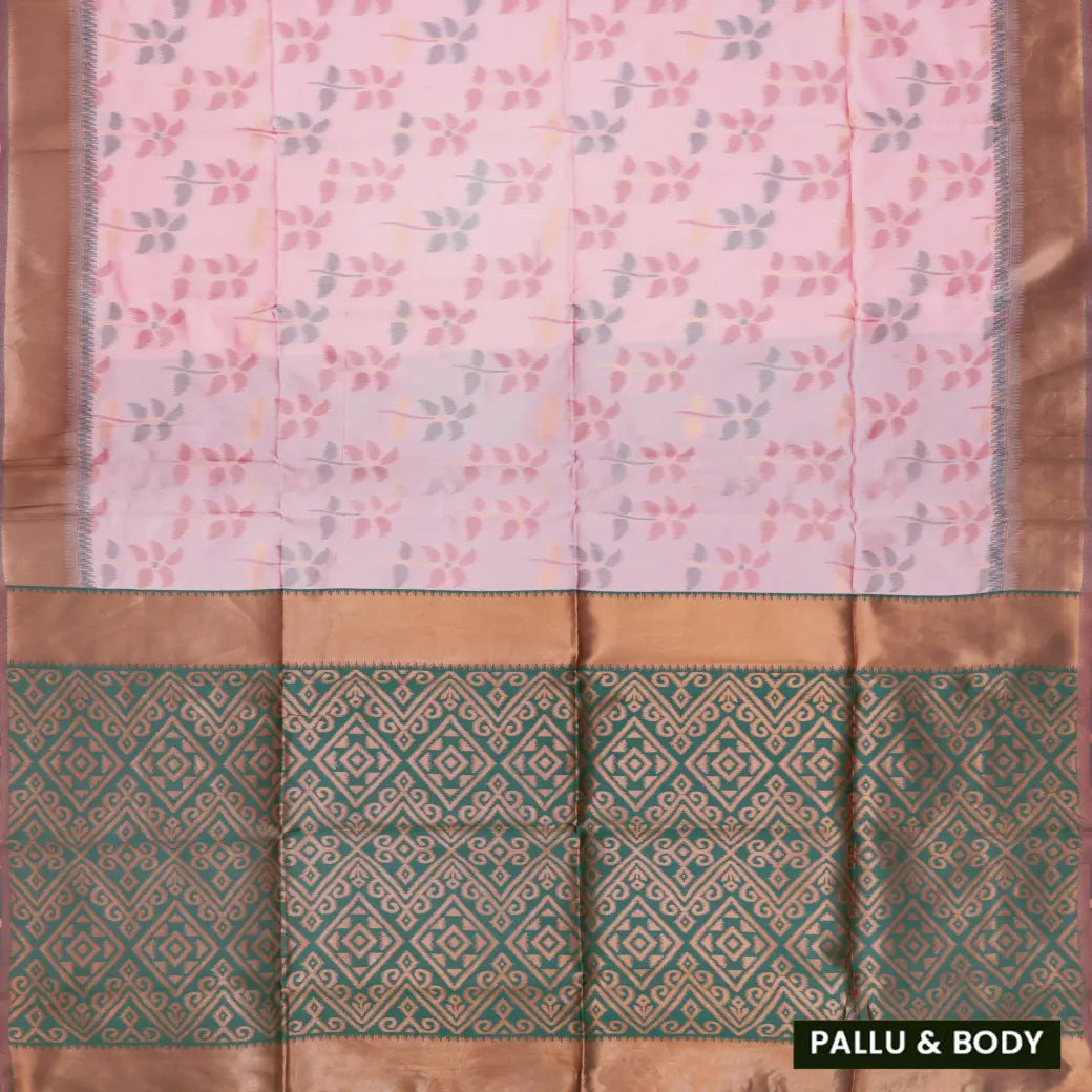 Light Pink With Green Pochampally Semi Ikat Silk Saree