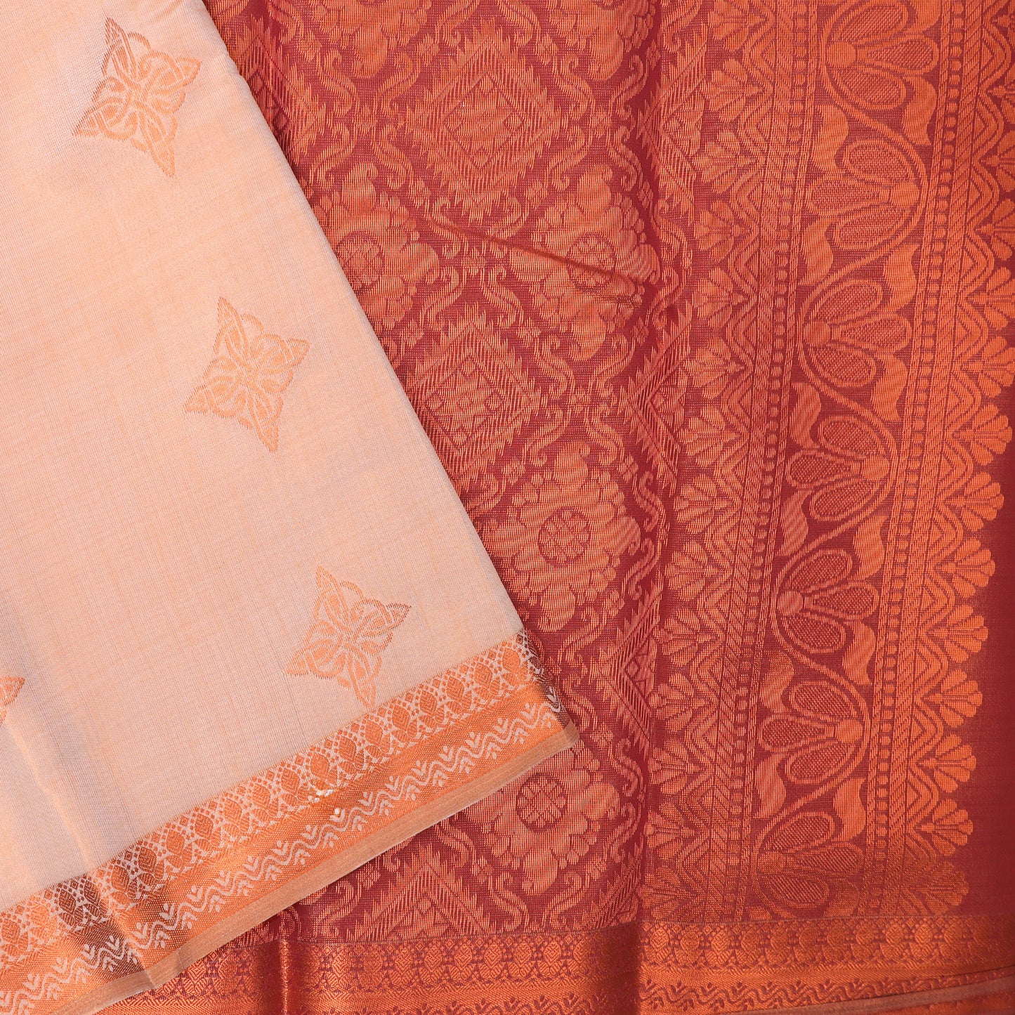 Couple Combo Tissue Silk Set – Men’s Shirt & Dhoti with Matching Women’s Saree With Coral Colour With Copper Zari Border