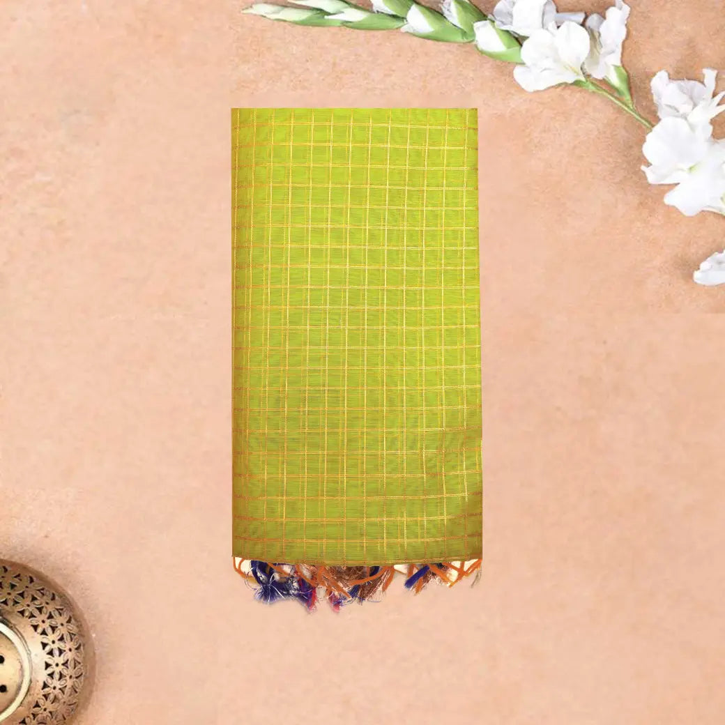 Parrot Green With Royal Blue Semi Pochampalli Zari Border Silk Cotton Saree