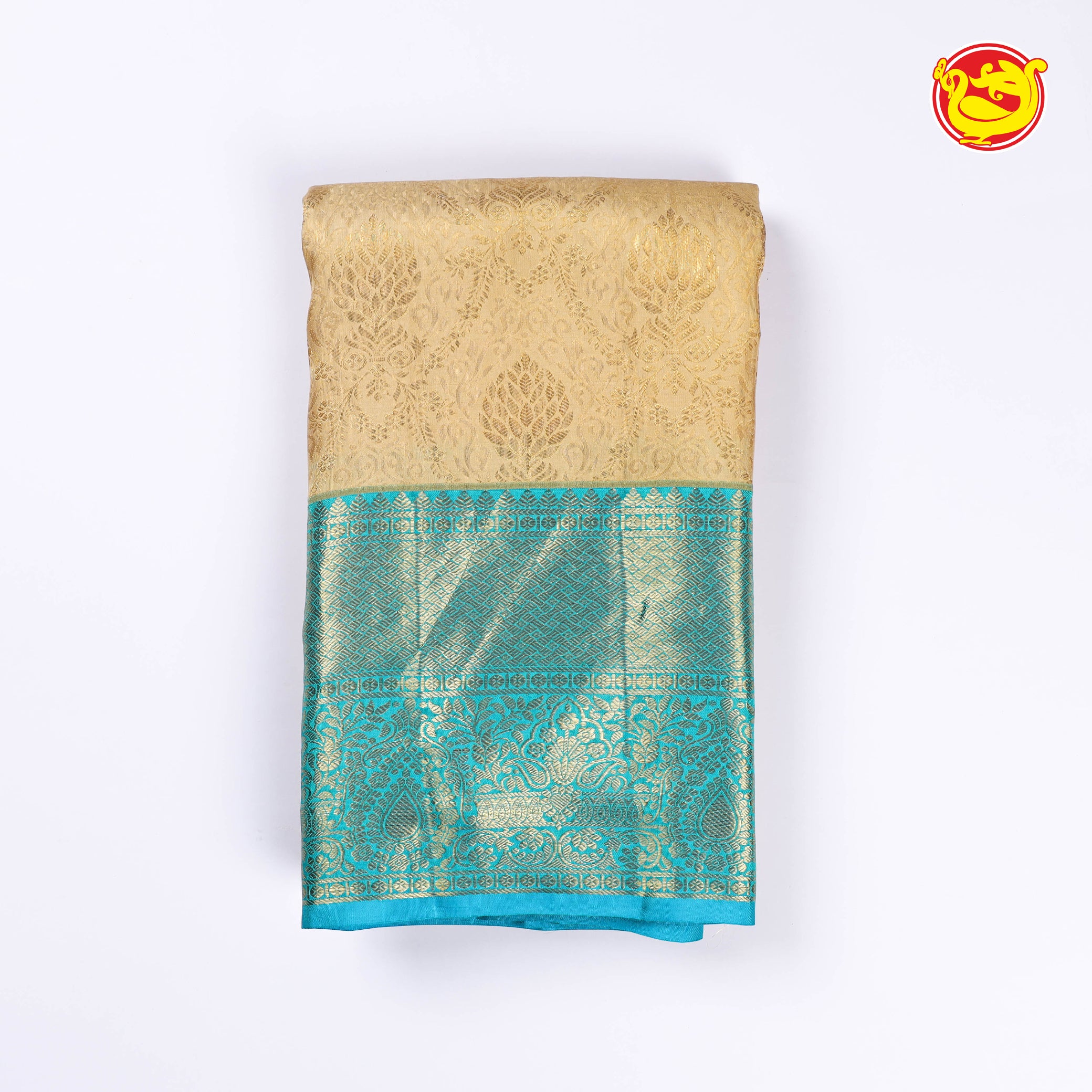 Gold wedding silk saree With sky blue pallu