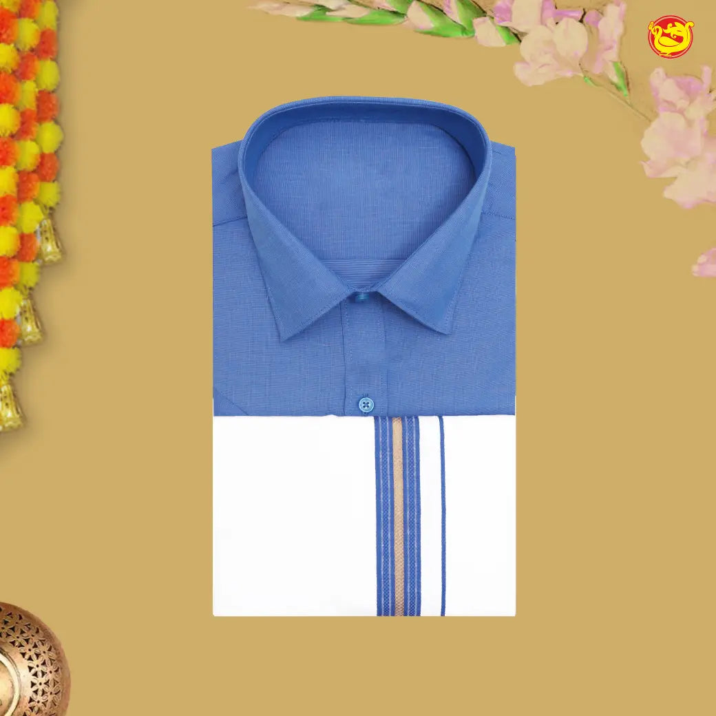 Blue With White Readymade Shirt And Matching Border Dhoti Set for Men
