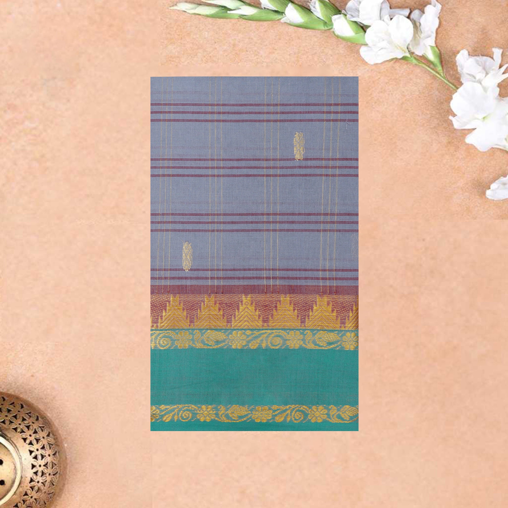 Cool Grey With Cool Green Small Checked Pattern Pure Cotton Saree without Blous
