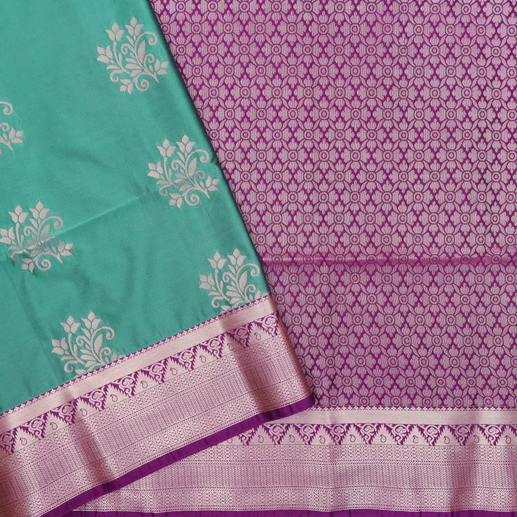 Light Teal Green with Purple Soft Silk Saree