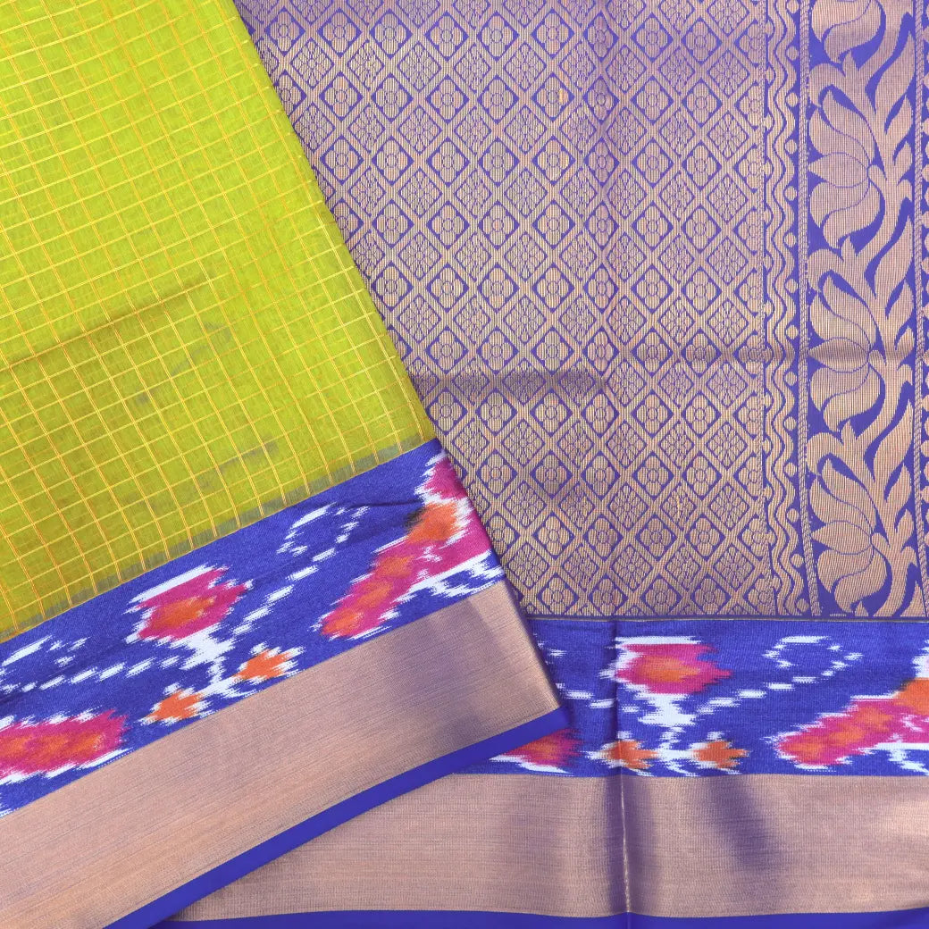 Parrot Green With Royal Blue Semi Pochampalli Zari Border Silk Cotton Saree