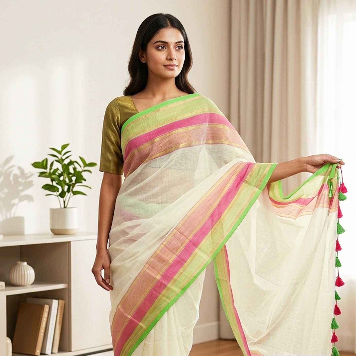 Off White With Multi Colour Mul Mul Cotton Saree