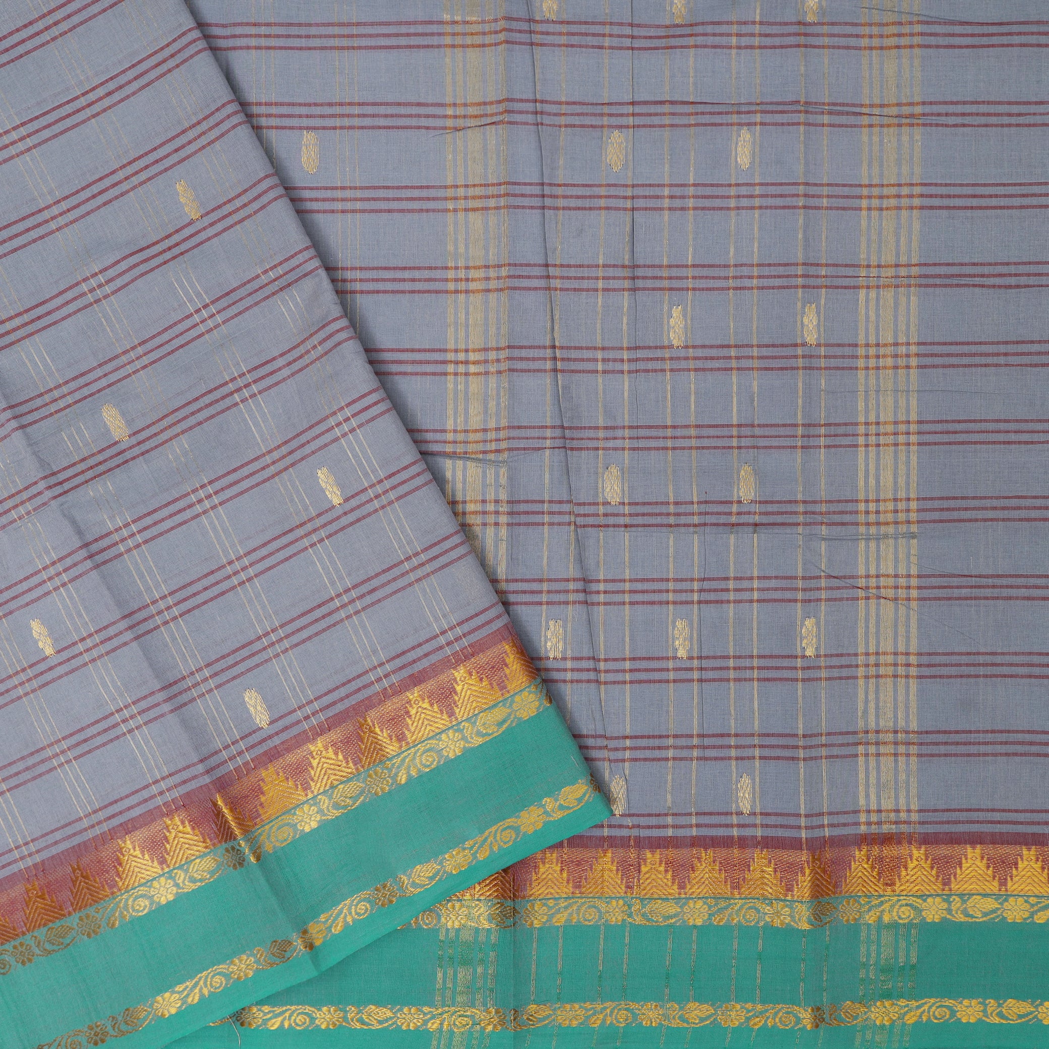 Cool Grey With Cool Green Small Checked Pattern Pure Cotton Saree without Blous