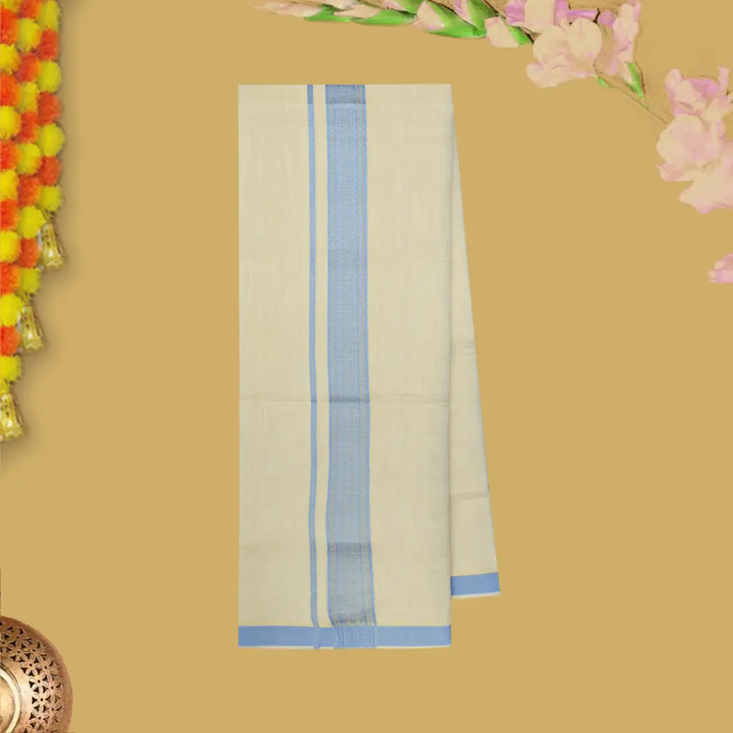 Blue With Sandel Cotton Readymade Shirt and Singel Matching Border Dhoti Set For Men