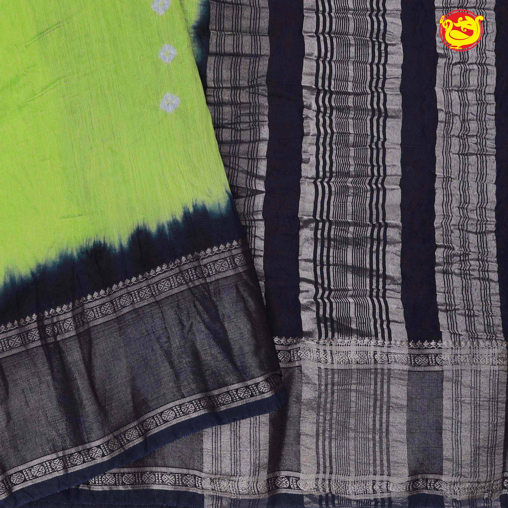 Green with midnight blue chanderi cotton saree with tie and dye prints