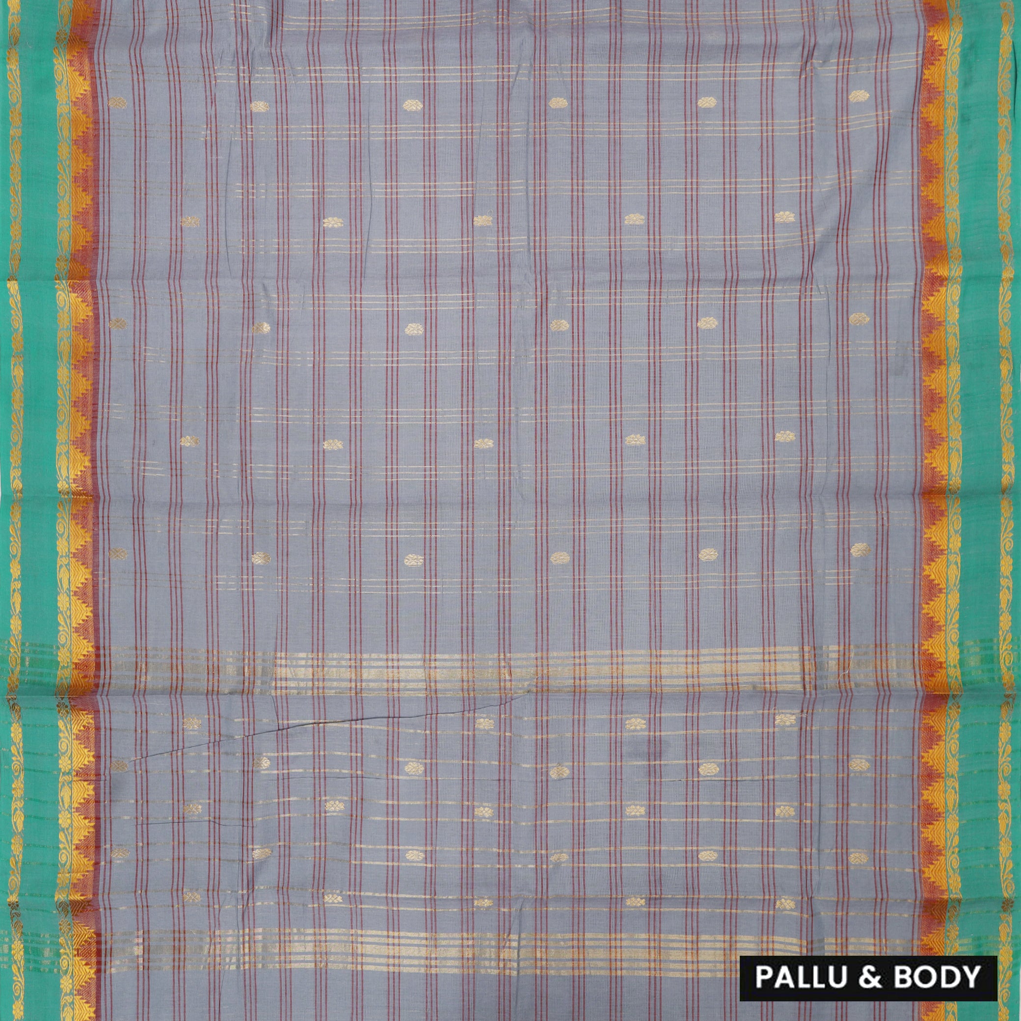 Cool Grey With Cool Green Small Checked Pattern Pure Cotton Saree without Blous
