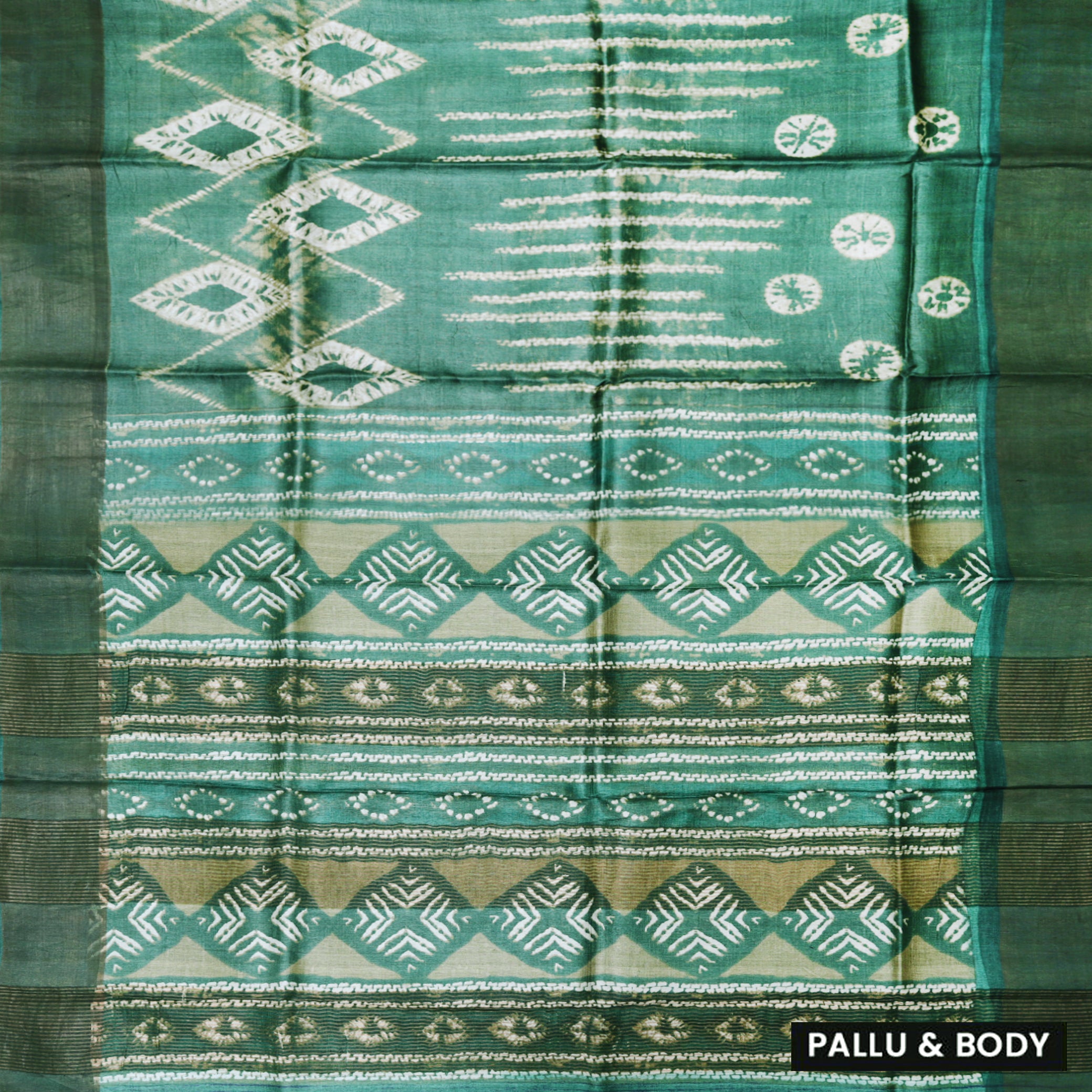 Pure Tussar Silk Saree Green With Floral Design and Painted Prints and Zari Woven Border