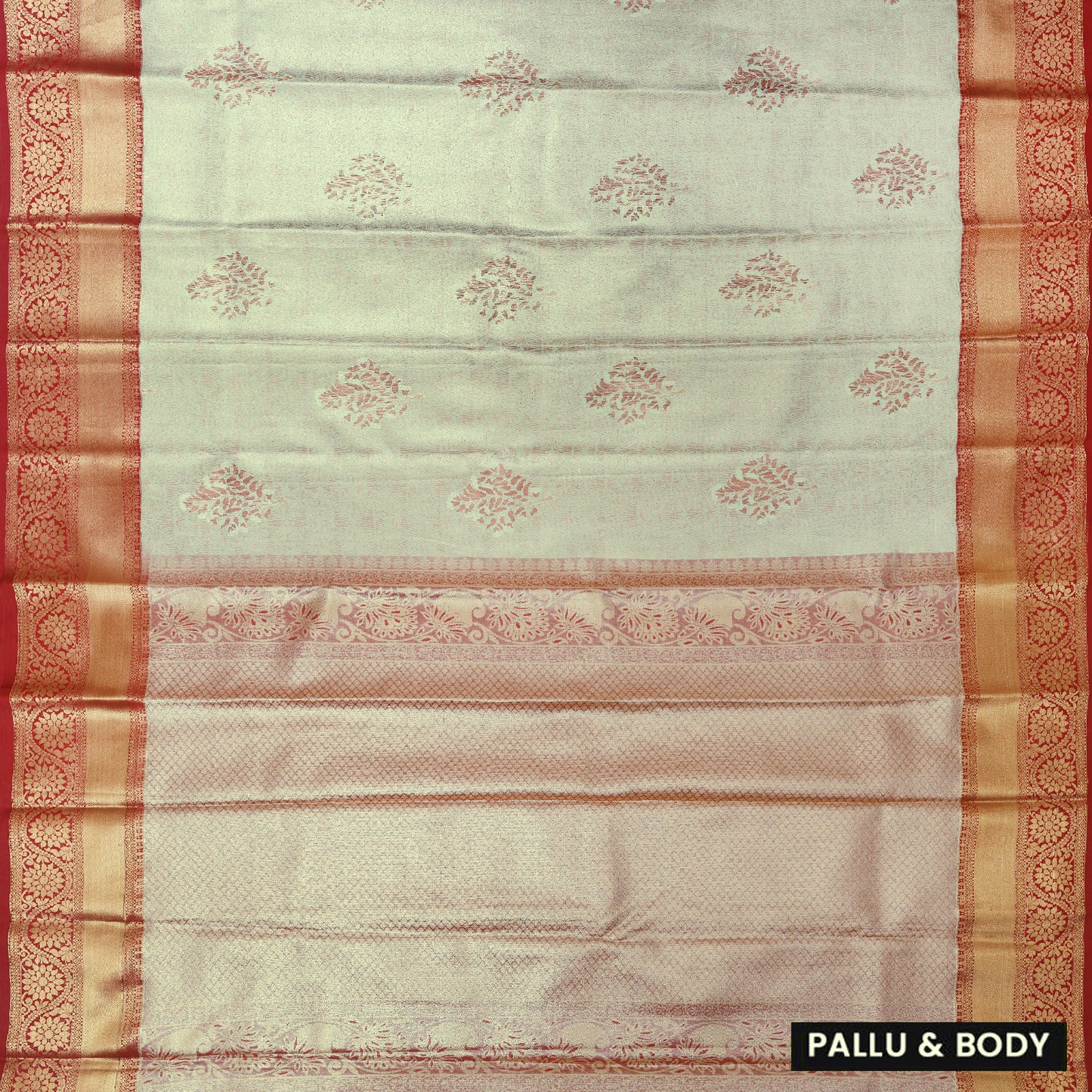 Pale Green with Dark Red Floral Design Tissue Silk Saree