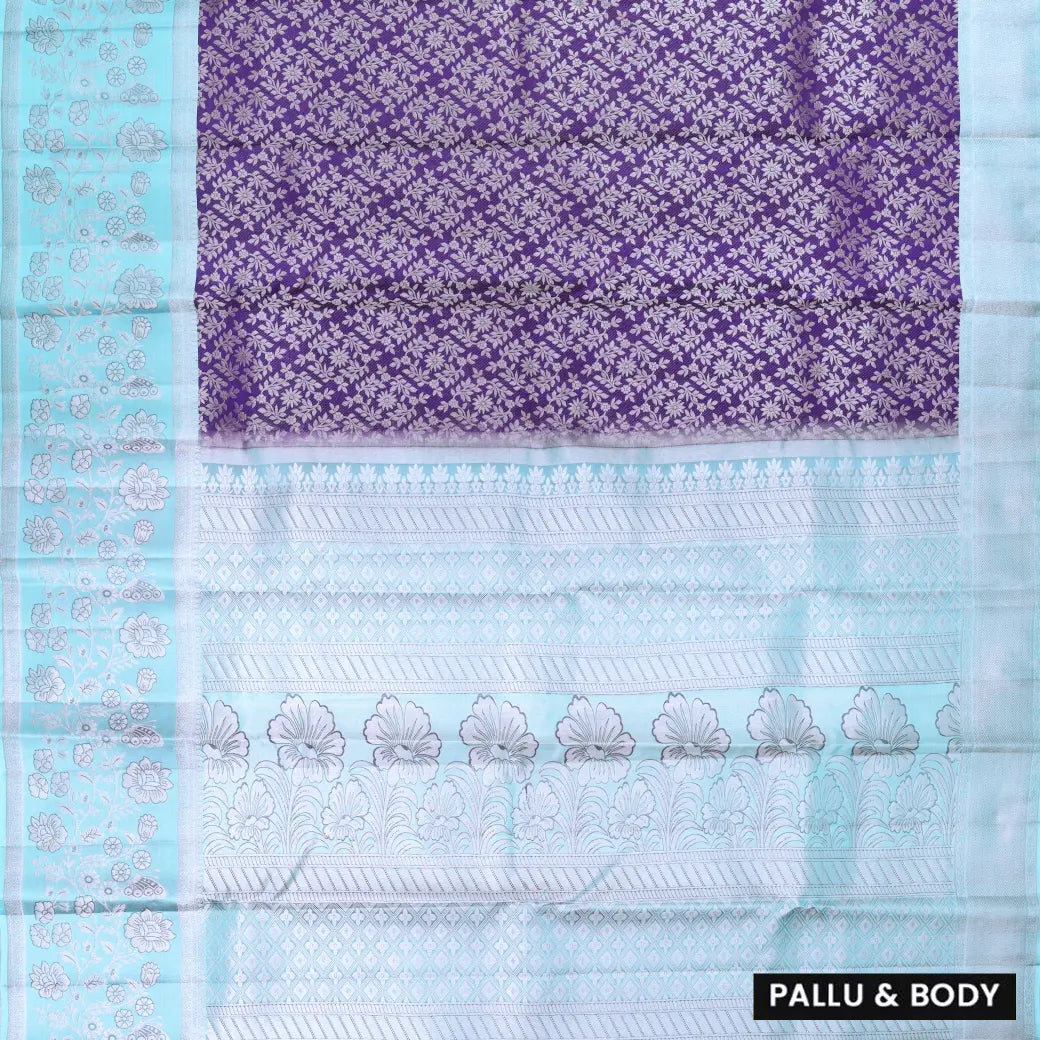 Purple with Sky Blue Kanchipuram Wedding silk saree
