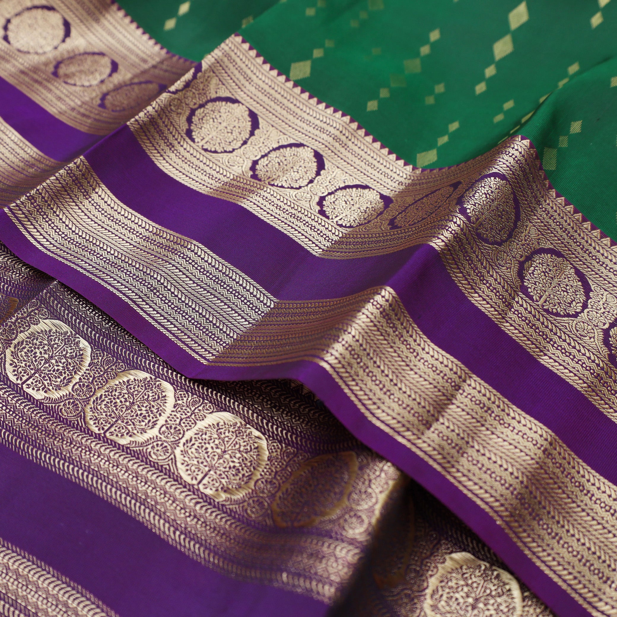 Dark Green With Dark Purple Gold Zari Yuvana Semi Soft Silk Saree