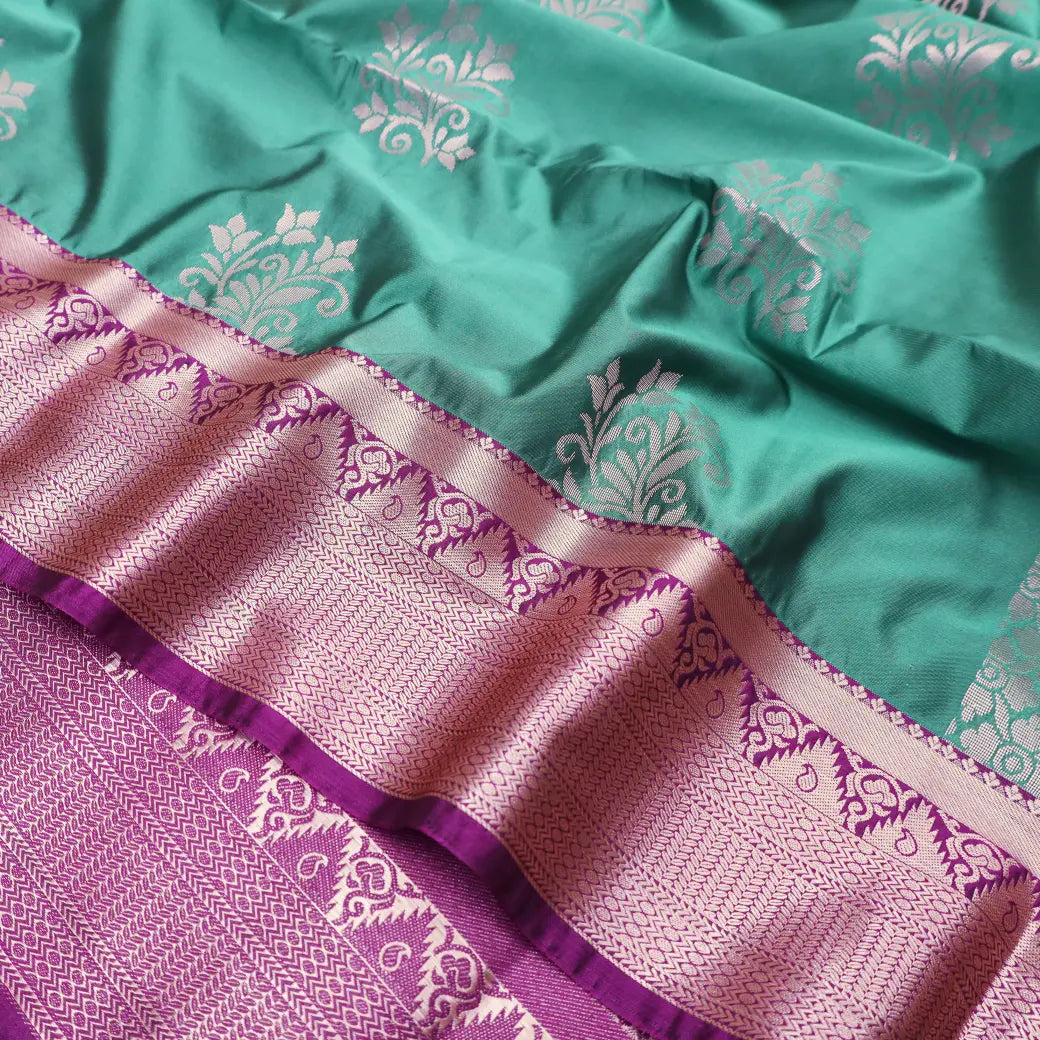 Light Teal Green with Purple Soft Silk Saree