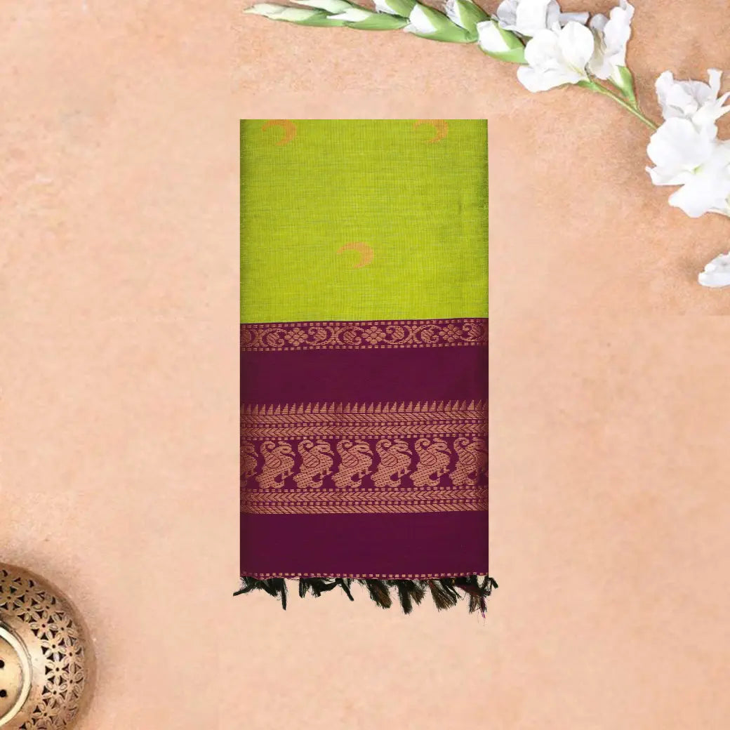 Spring Green With Deep Purple Premium Quality Kalyani Cotton Saree