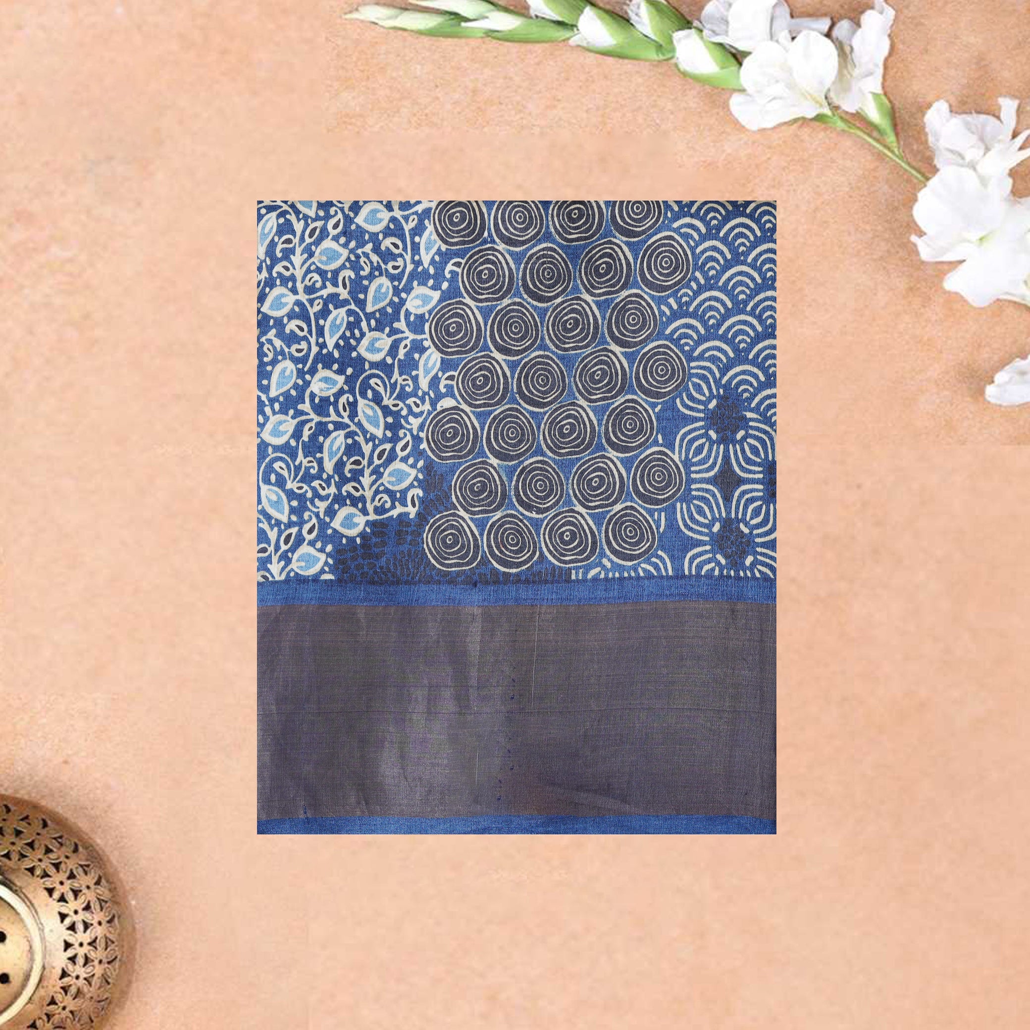 Pure Tussar Silk Saree primarily blue With Floral Design and Painted Prints and Zari Woven Border