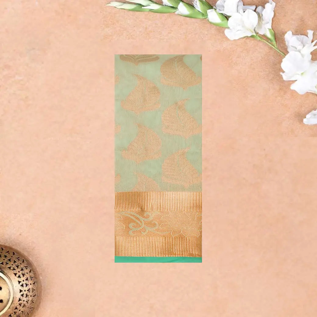 Pista Green With Green Pallu Gold Leaf Design Silk Cotton Saree
