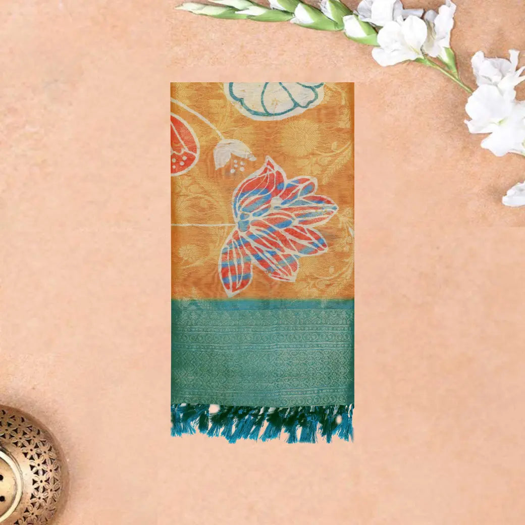 Light Orange with Teal Blue Semi Burberry Silk Saree