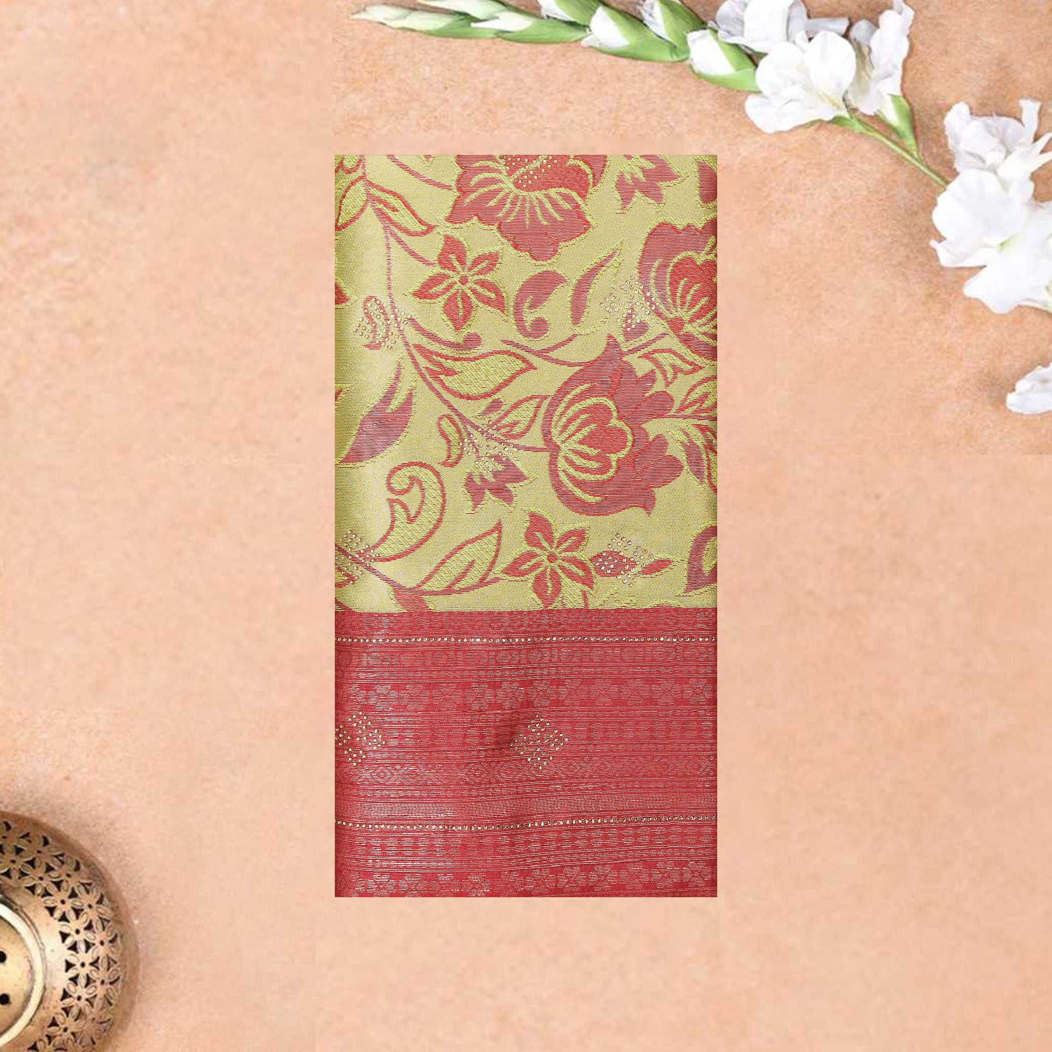 Gold with Red Semi Litchi Silk Saree