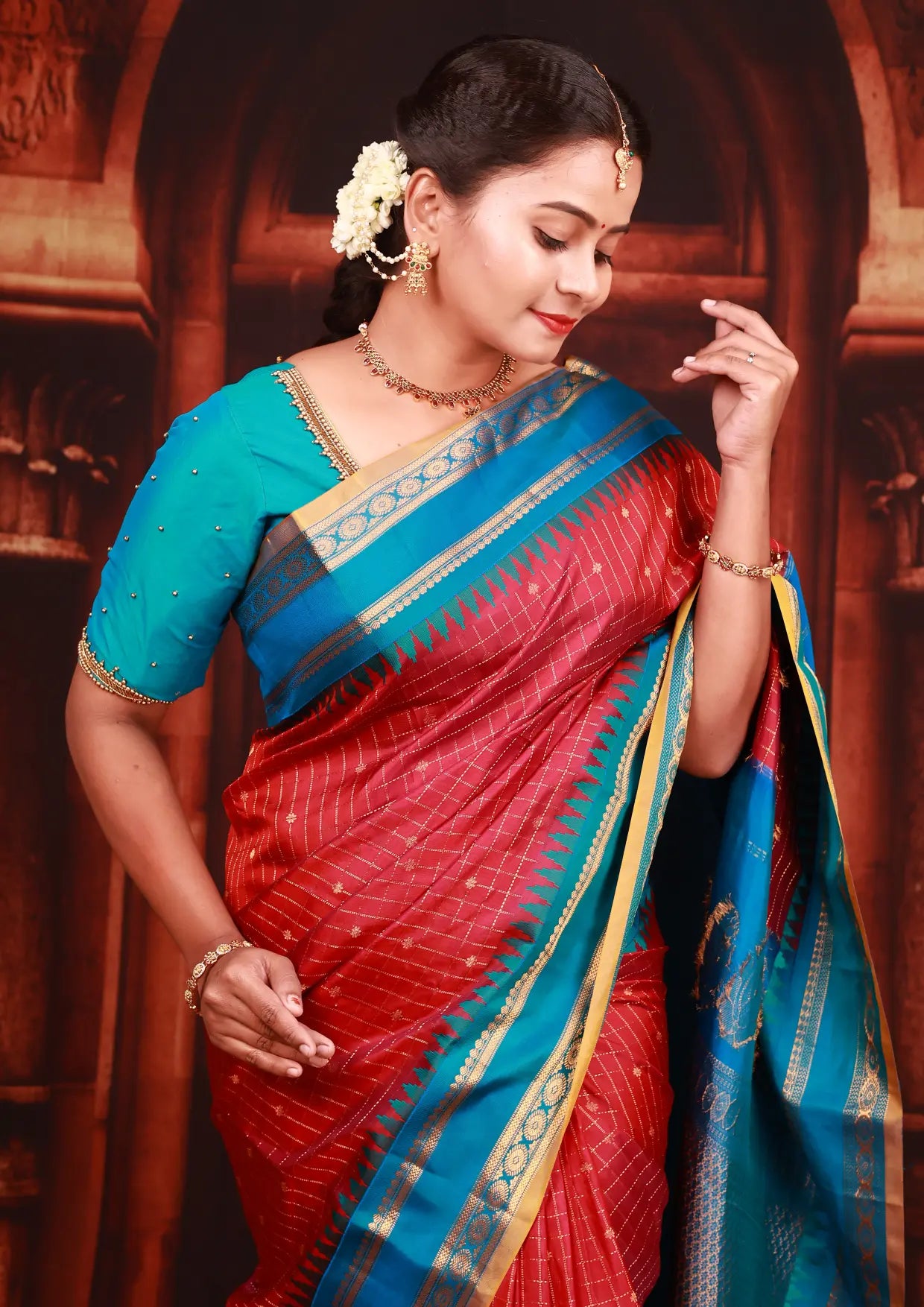 Red Colour With Royal Blue Copper Zari Border Soft Silk Saree