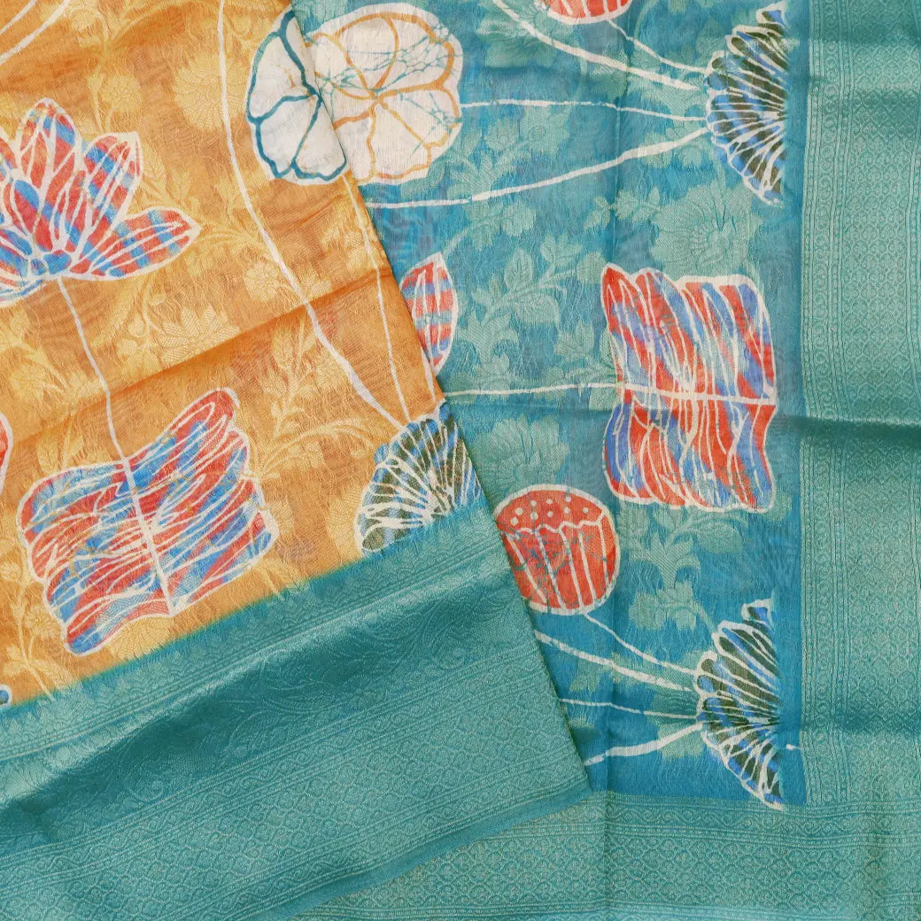 Light Orange with Teal Blue Semi Burberry Silk Saree