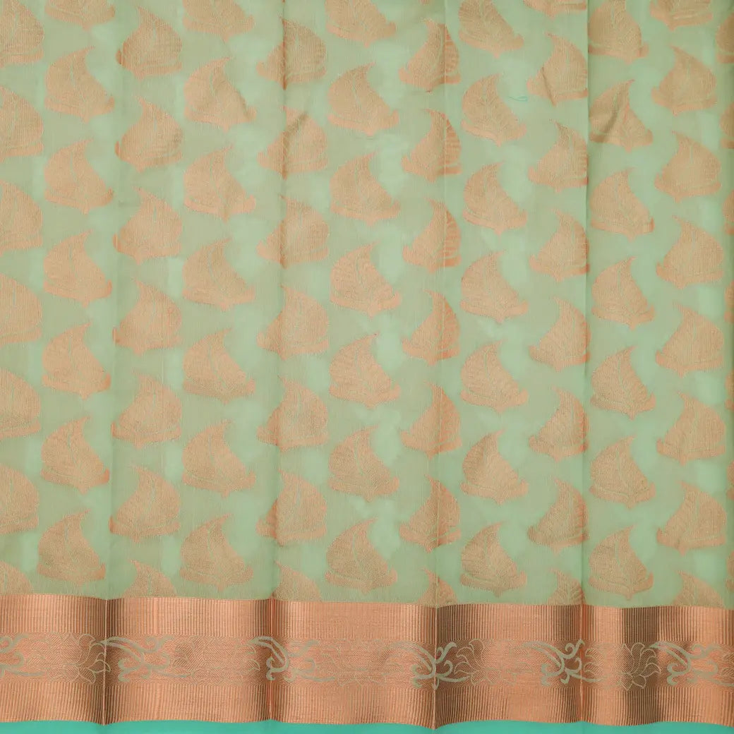 Pista Green With Green Pallu Gold Leaf Design Silk Cotton Saree