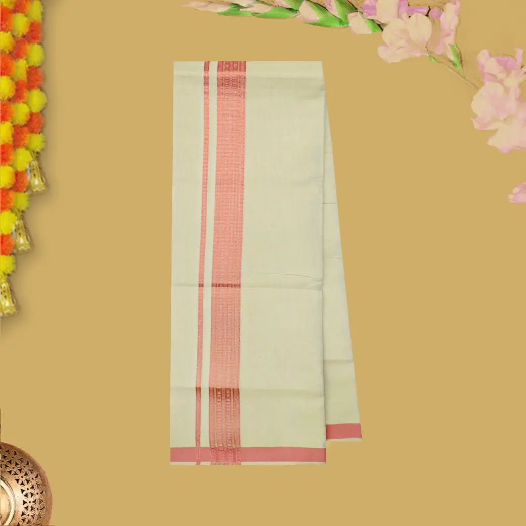 Brick Red With Sandel Cotton Readymade Shirt and Singel Matching Border Dhoti Set For Men
