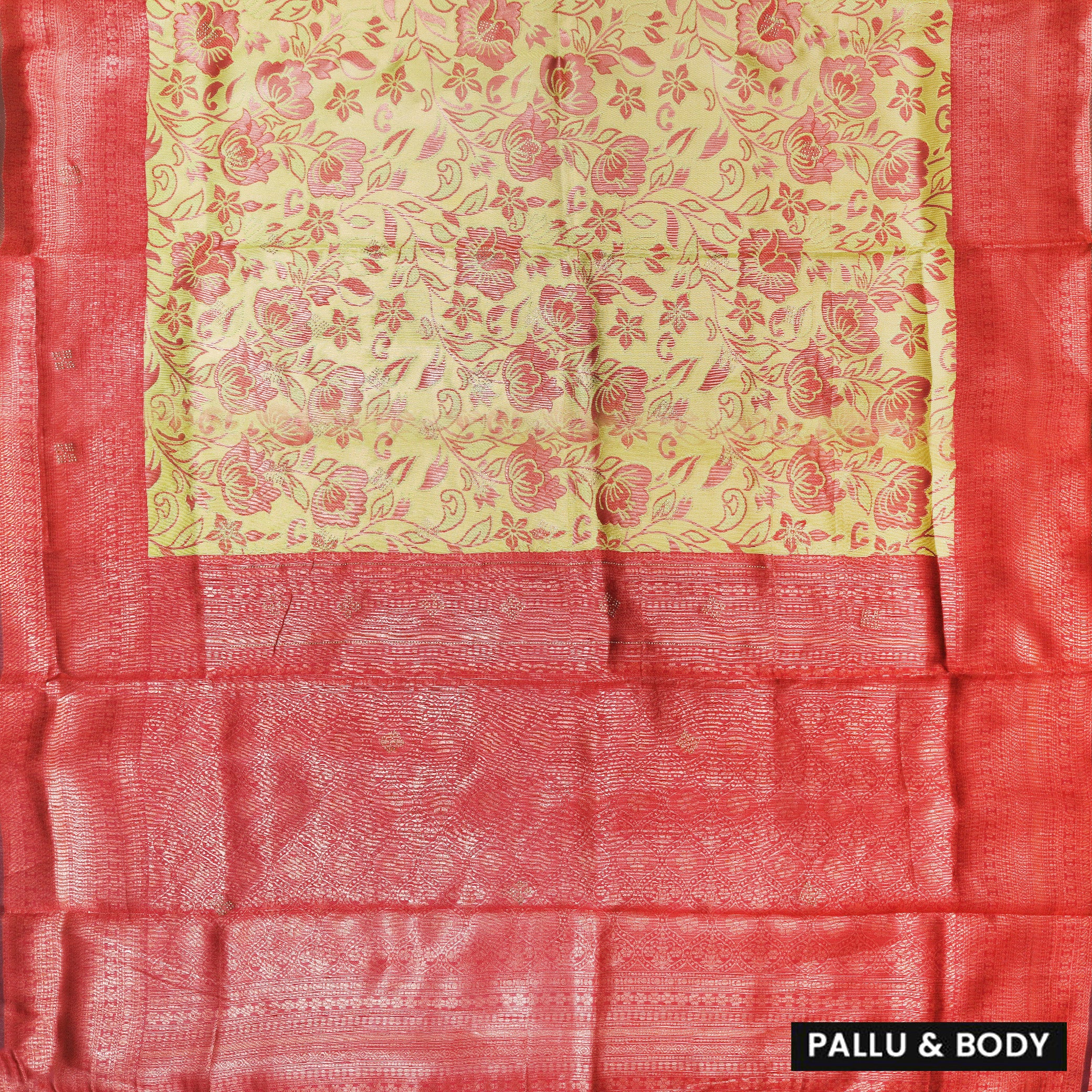 Gold with Red Semi Litchi Silk Saree
