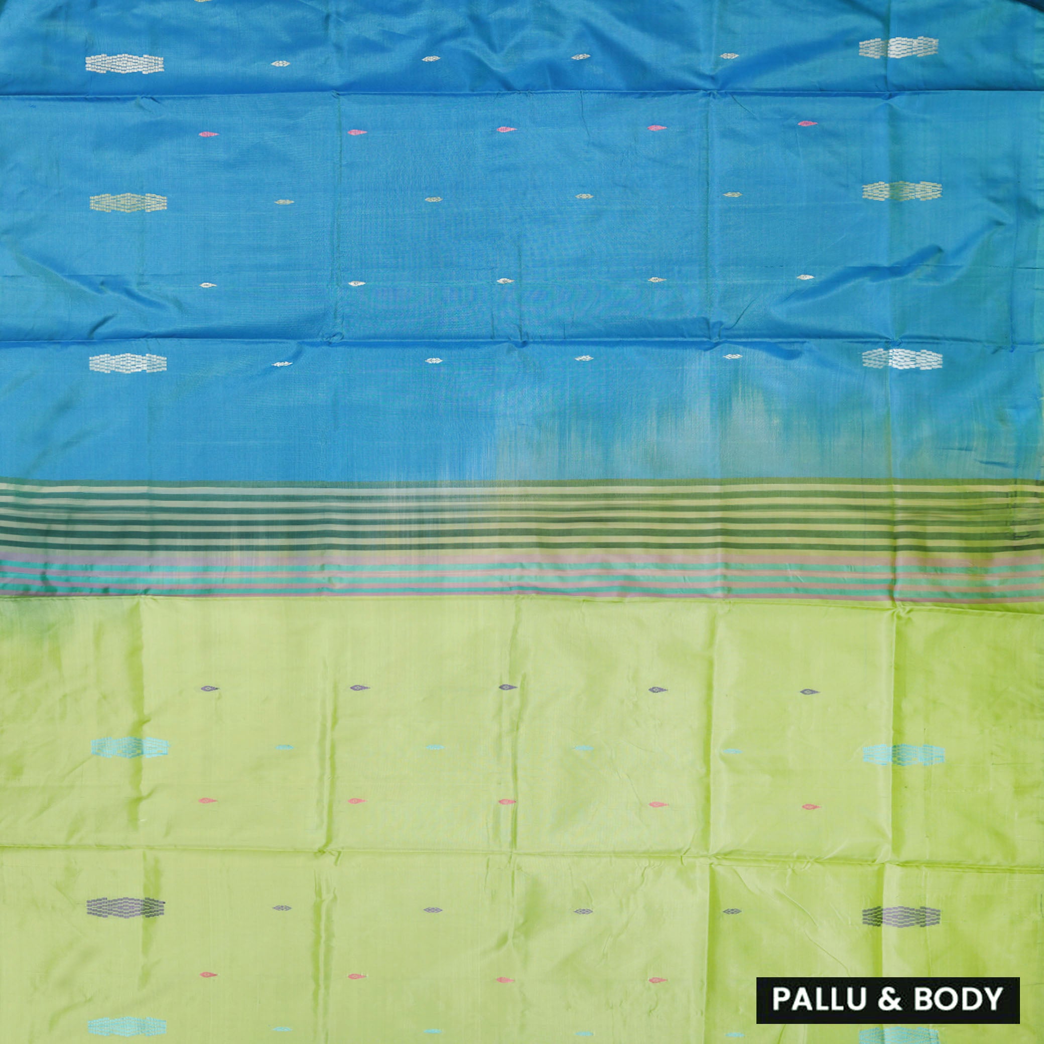 Medium Blue With Lime Green Pallu Banana Pith Saree With Running Blouse