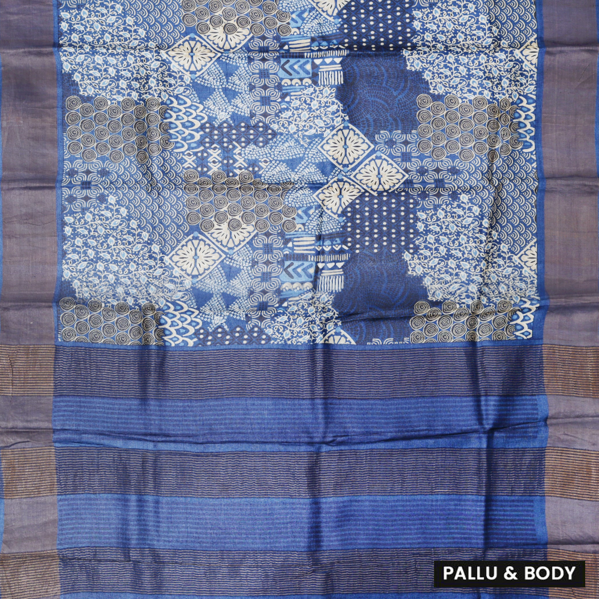 Pure Tussar Silk Saree primarily blue With Floral Design and Painted Prints and Zari Woven Border