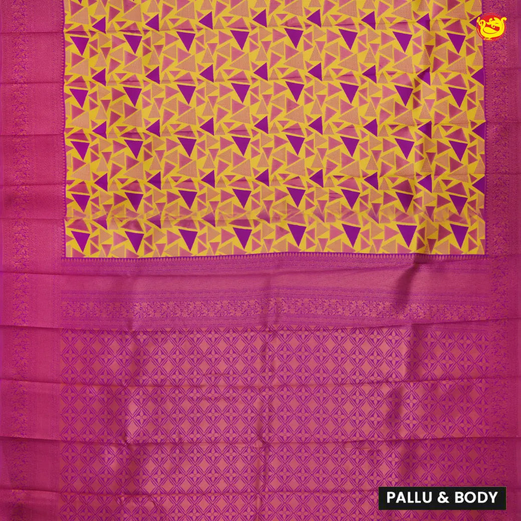 Yellow with Pink Semi Litchi Silk Saree