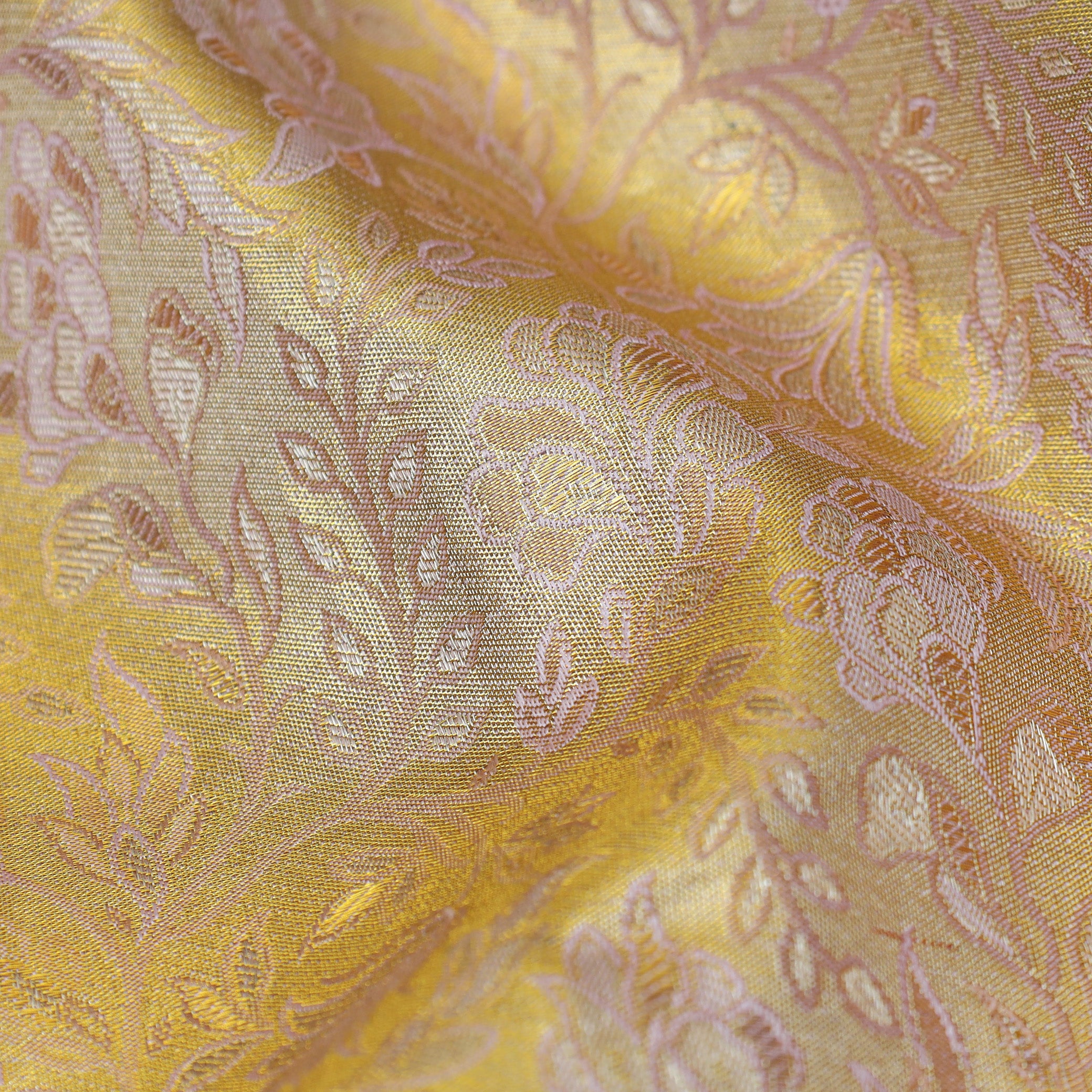 Golden Color With Light Pink Golden Zari Border Wedding Silk Saree