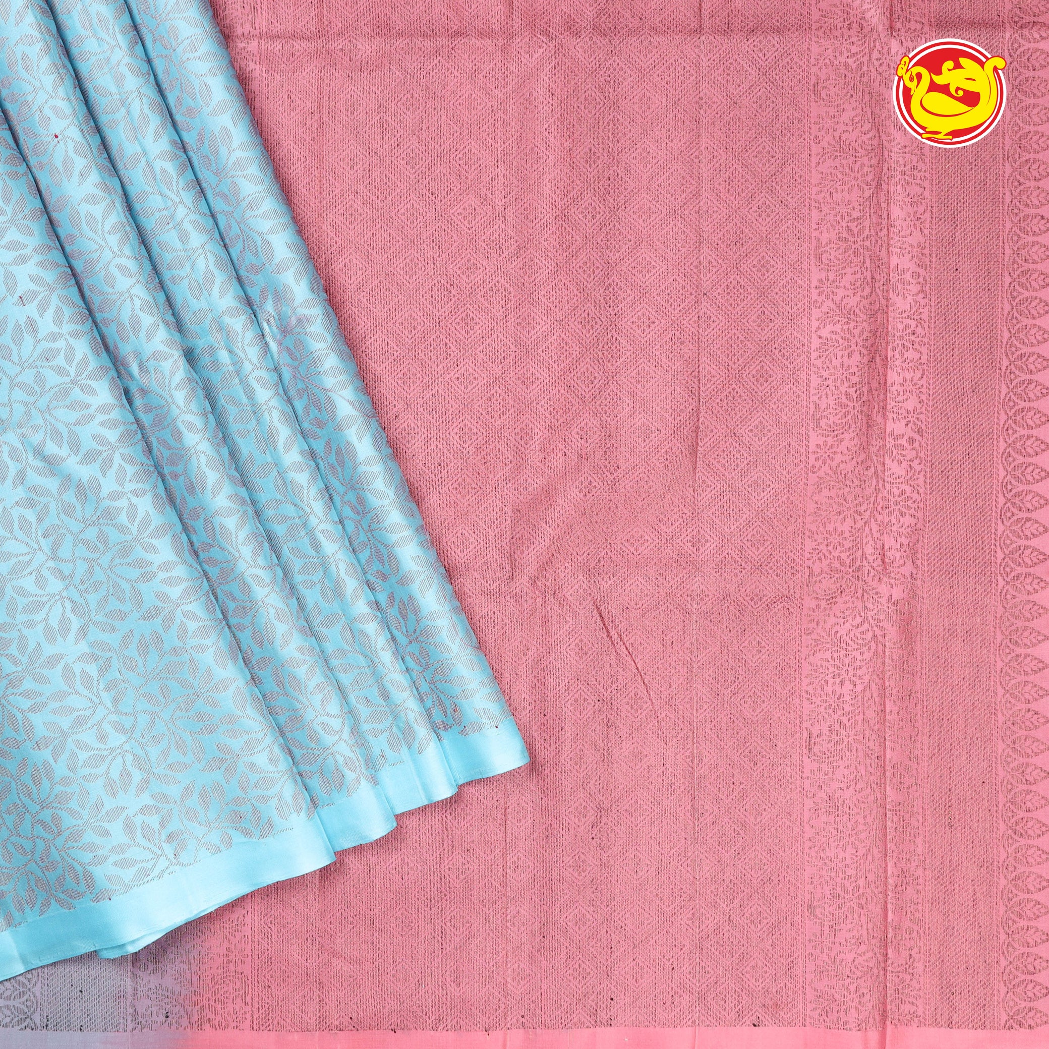 Light blue soft silk sarees with pastel pink colour pallu