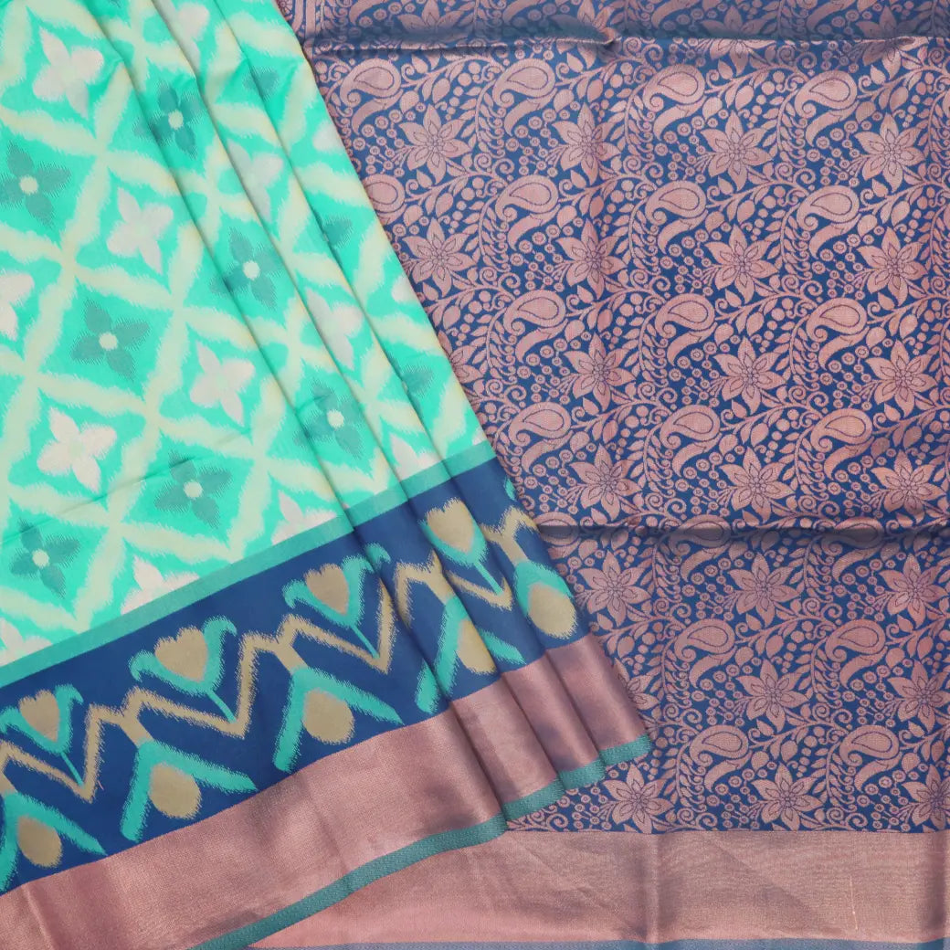 Mint Green With Dark Blue Pochampally Semi Ikat Silk Saree