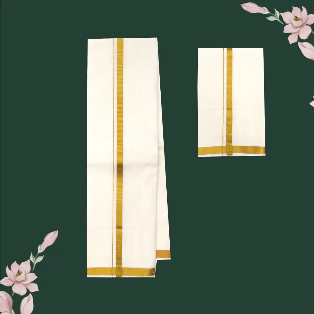 Off-White with Gold Men’s Silk Readymade Shirt and Dhoti Set