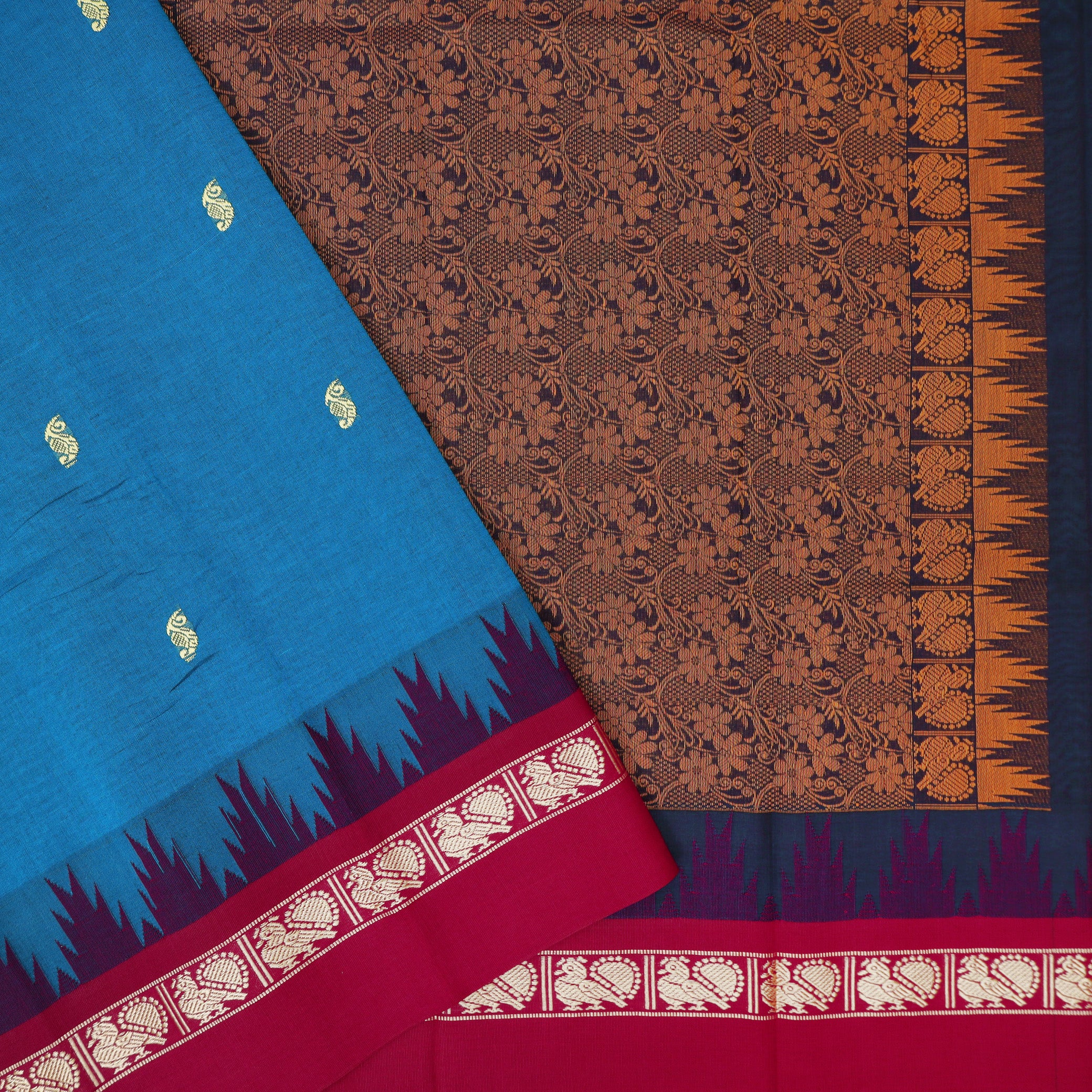Dark Blue With Dark Red Pure Cotton Saree without Blous