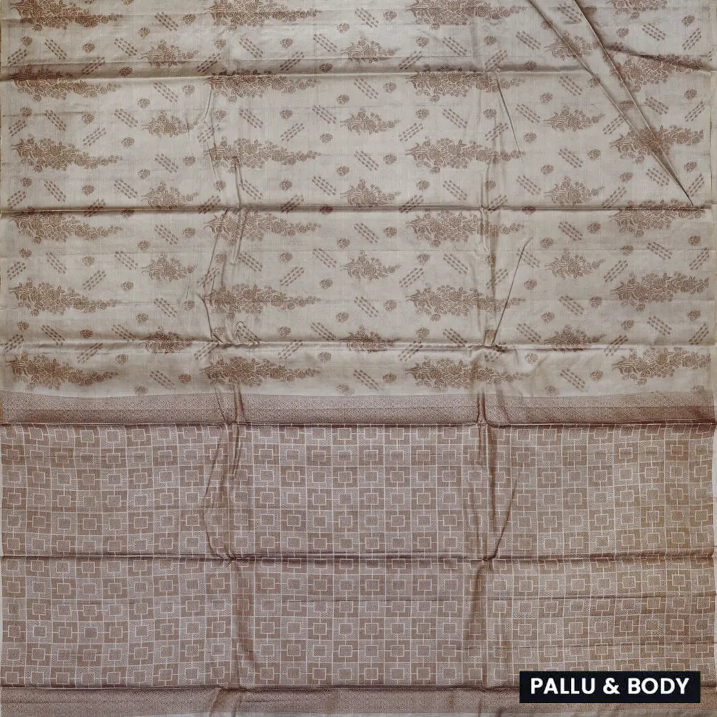 Off White with Coffee Brown Tussar Silk Saree