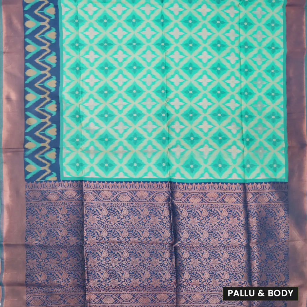 Mint Green With Dark Blue Pochampally Semi Ikat Silk Saree