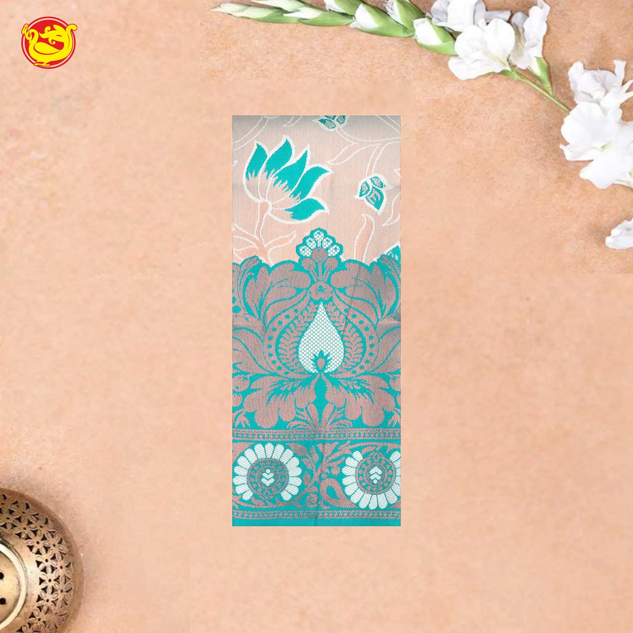 Creamy Sandel with Green Lotus Floral Kubera Pattu Saree