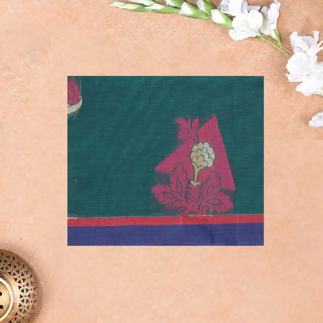 Dark Green with Blue Border Negamam Cotton Saree